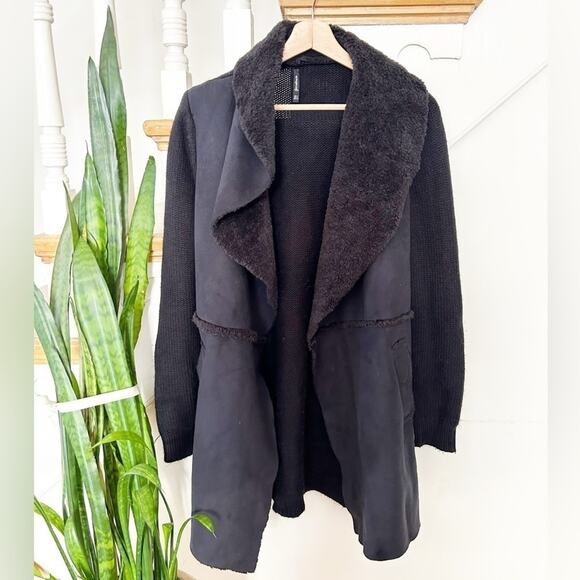 Stradivarius Womens Black Sherpa Lined Faux Suede Open Front Jacket Size S Small - Picture 1 of 4